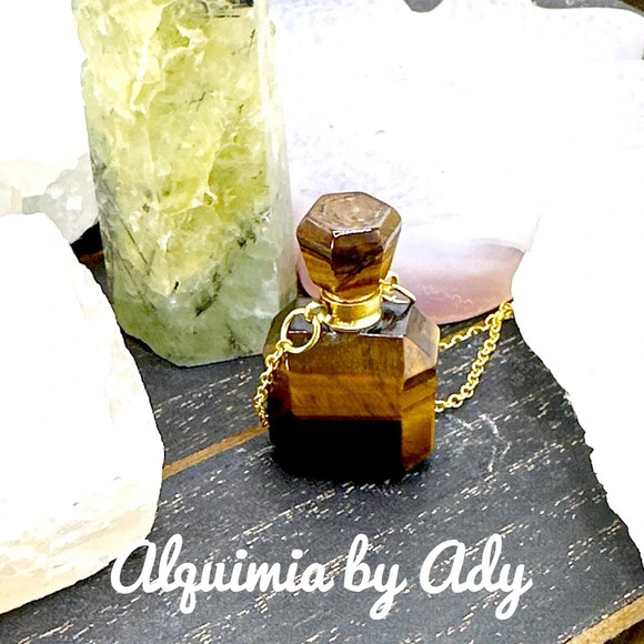 Tiger’s eye perfume bottle pendant in vermeil gold/ chunky maximalist - Picture 1 of 5